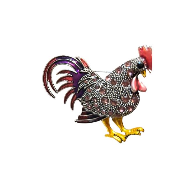 Rooster Brooch Pink Rhinestone Animal Pin - Picture 2 of 5